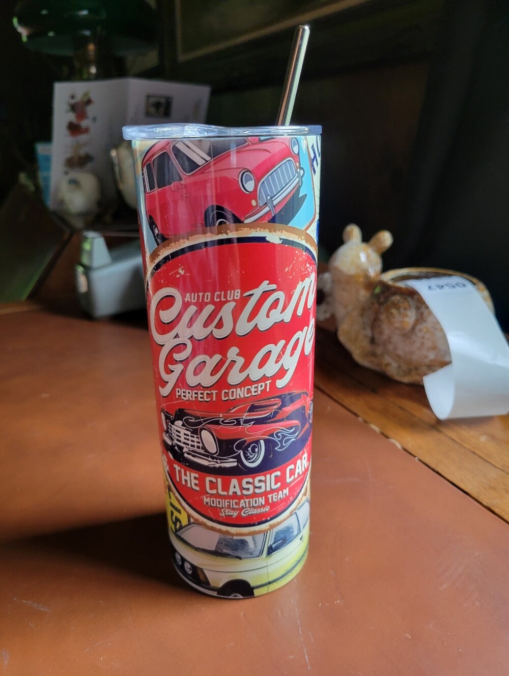 Custom 20oz Skinny Tumbler. Comes with lid and straw.
